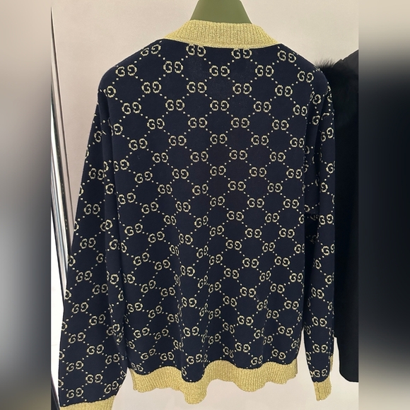 Gucci Navy blue and gold GG Cotton Lame Cardigan Size S - Picture 7 of 8